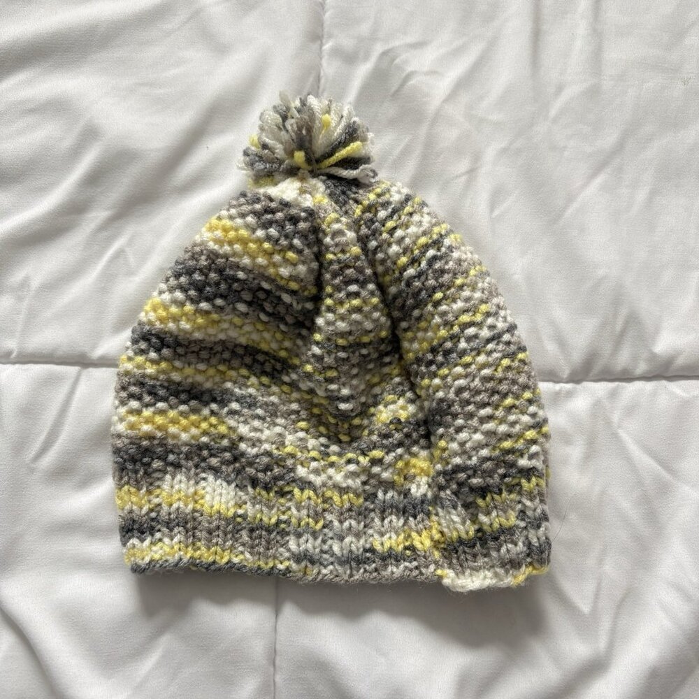 Handmade Womens Crochet Beanie Hat Cap‎ Pom Yellow Gray Winter Fall Knit